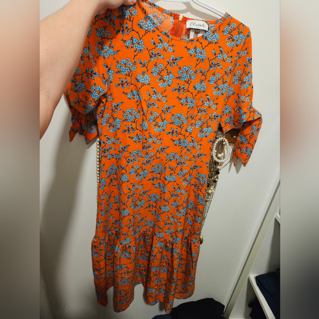 Closet London Short Sleve Hem Orange And Blue Floral Dress
